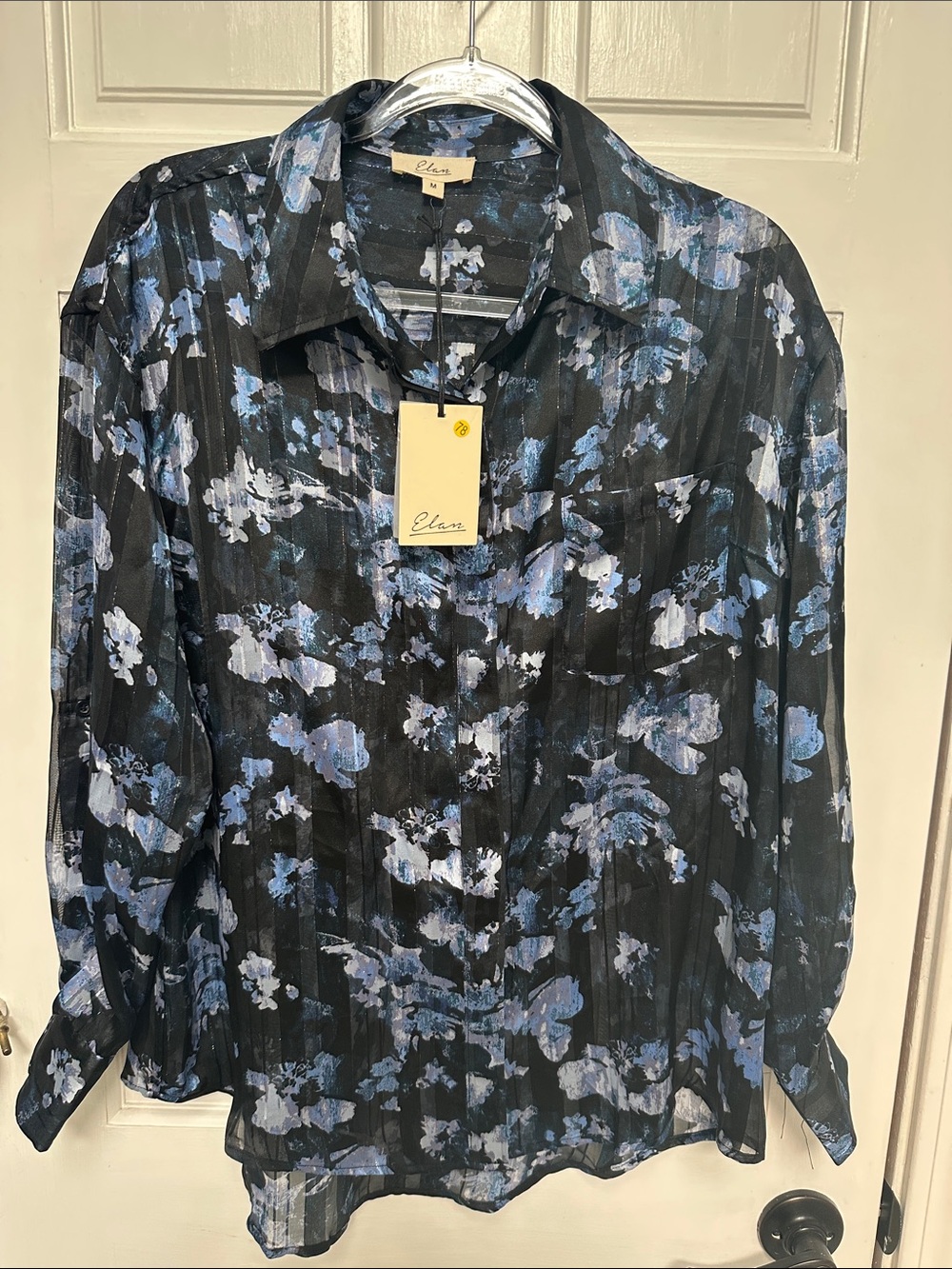 Elan Black Sheer Blouse with Blue Floral Pattern